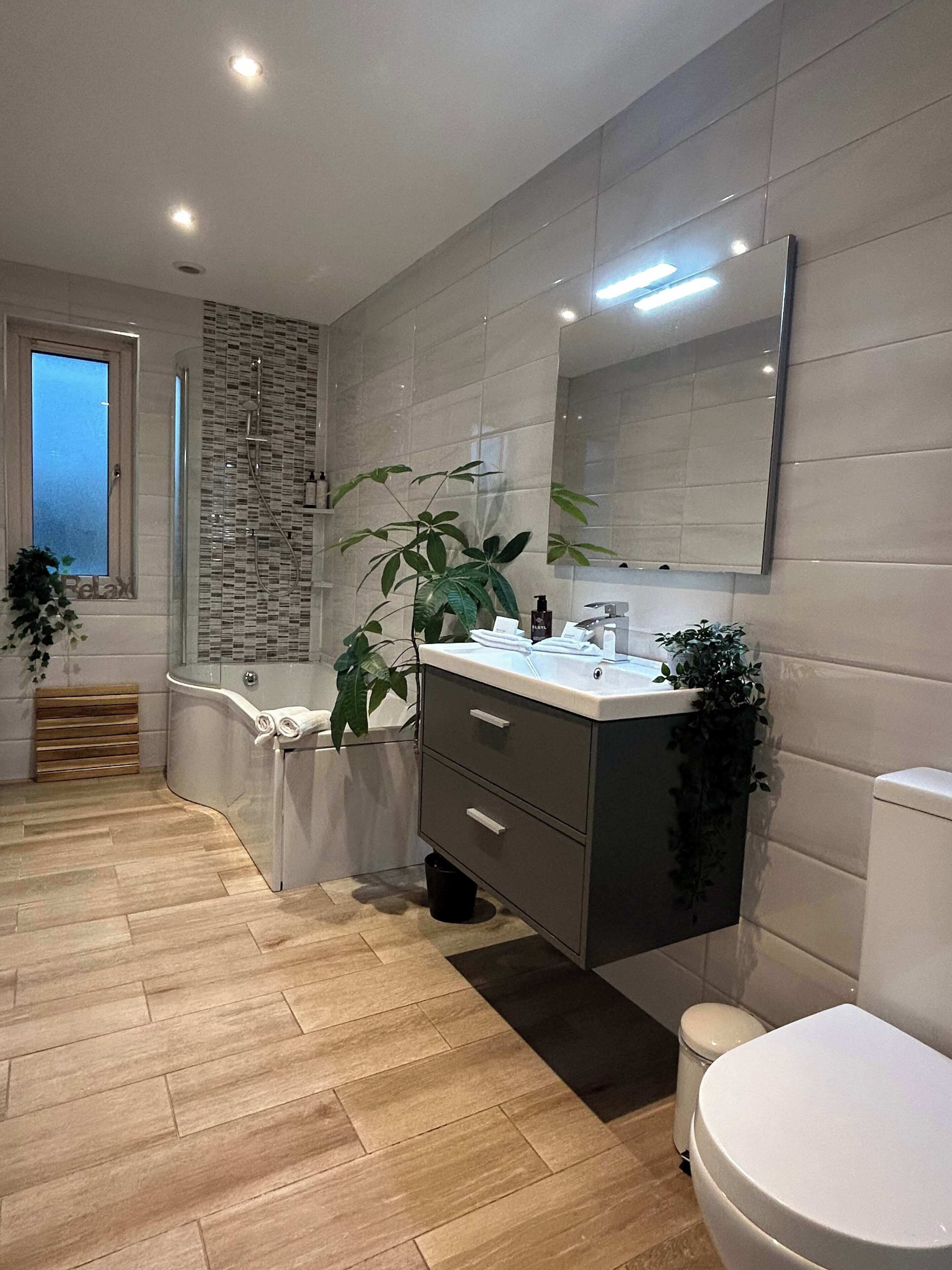 Douche, sèche-cheveux, shampoing