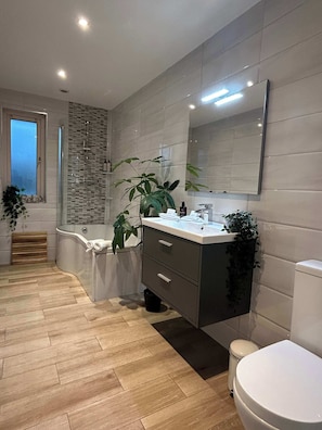 Douche, sĂšche-cheveux, shampoing