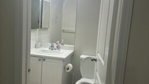 A bathroom with a vanity, sink, mirror, toilet, and a light fixture above the mirror. - CozyVibe - King Bed. (Edmonton)