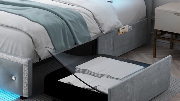 A bed with a tufted headboard, a bedside table, and a nightstand. - CozyVibe - King Bed. (Edmonton)