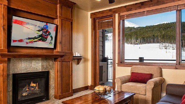 Un cuarto acogedor con chimenea, televisor, sofá y un amplio ventanal con vistas a un paisaje nevado.