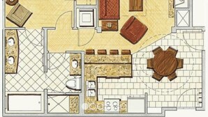 Plano de planta que muestra una sala de estar, cocina y baño.