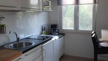 Fridge, microwave, coffee/tea maker, cookware/dishes/utensils