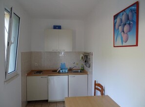 Eine kleine Küche mit weißen Schränken, einer Spüle und einem kleinen Kühlschrank. Links ist ein Fenster und am Tisch steht ein Stuhl.