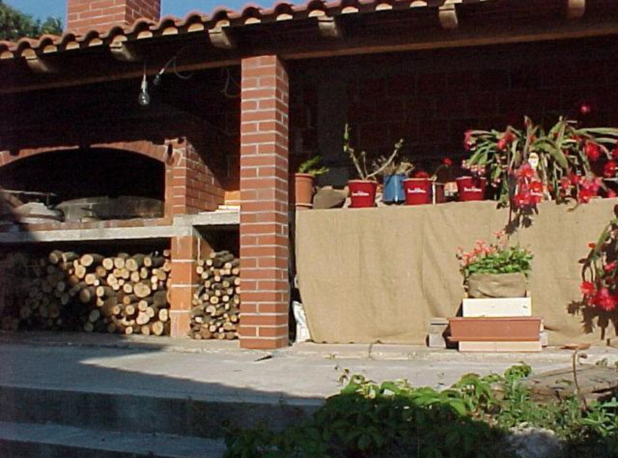 Um edifício de tijolos com chaminé, lenha empilhada e plantas em vasos.