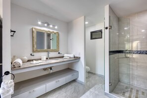 Shower, hair dryer, towels - Hotel suite with ocean-view rooftop infinity pool, balconies & AC - dog-friendly (Cabo San Lucas)