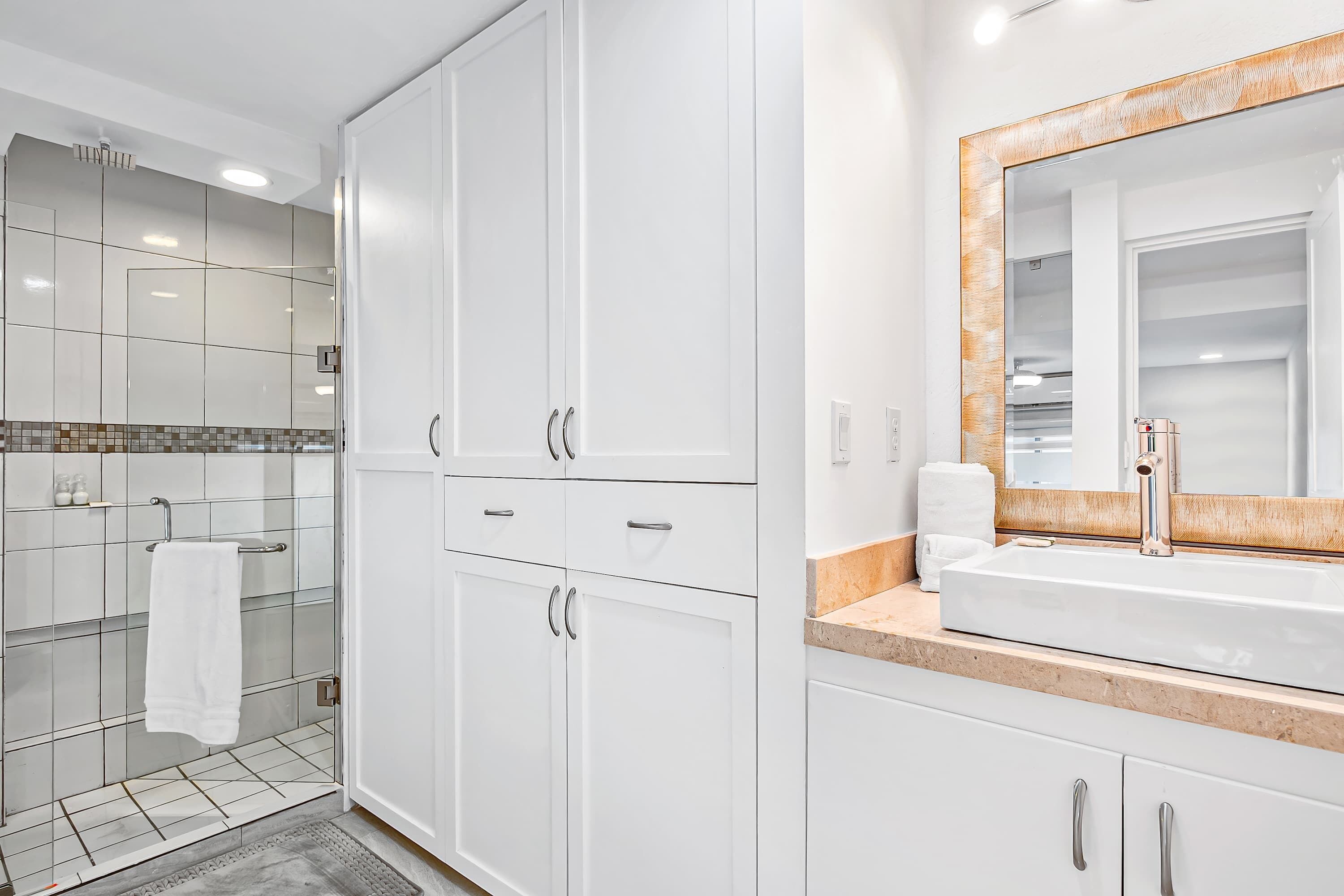 Shower, hair dryer, towels