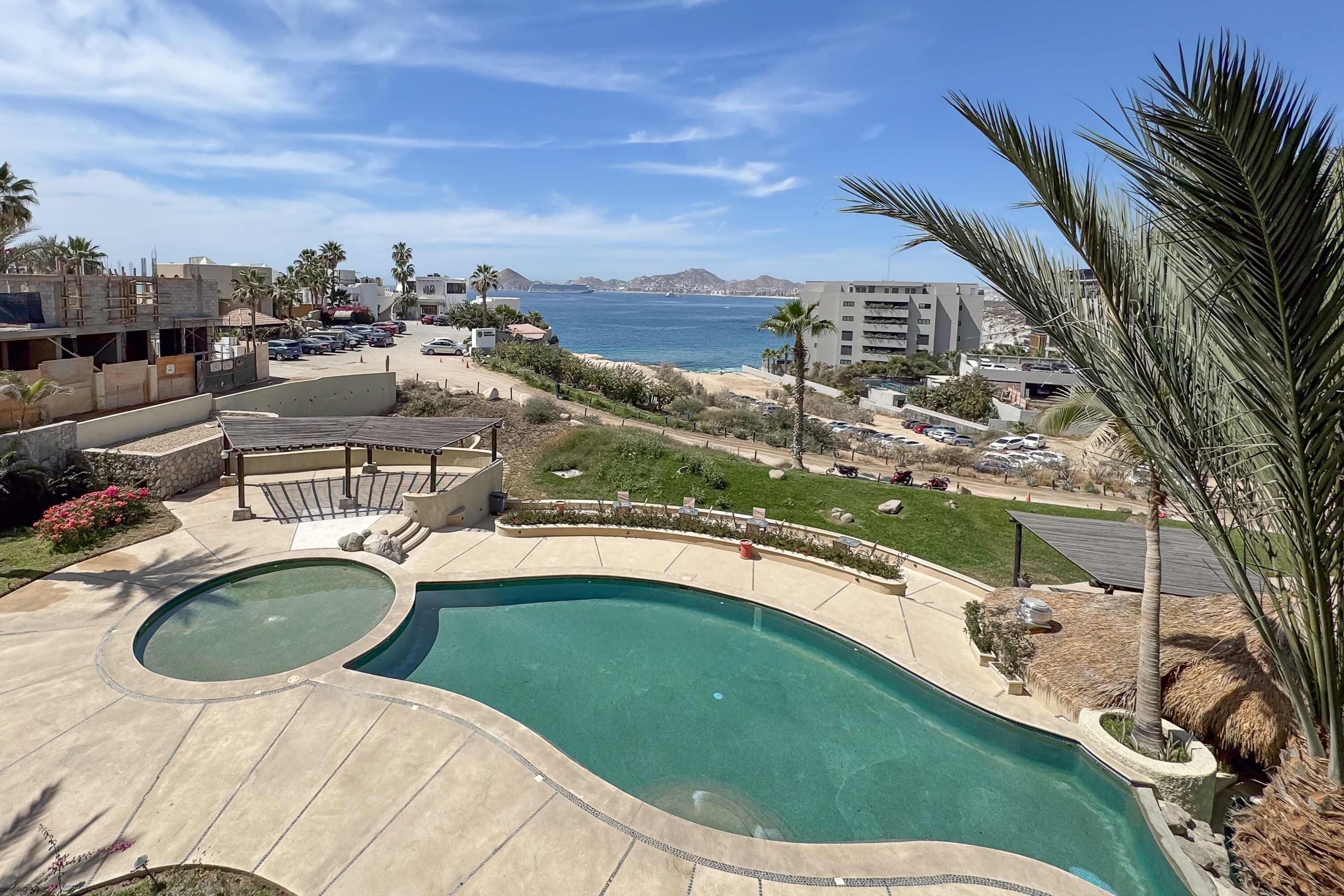 Une piscine au design incurvé, entourée d’une terrasse agrémentée de palmiers et offrant une vue sur l’océan et les montagnes lointaines.