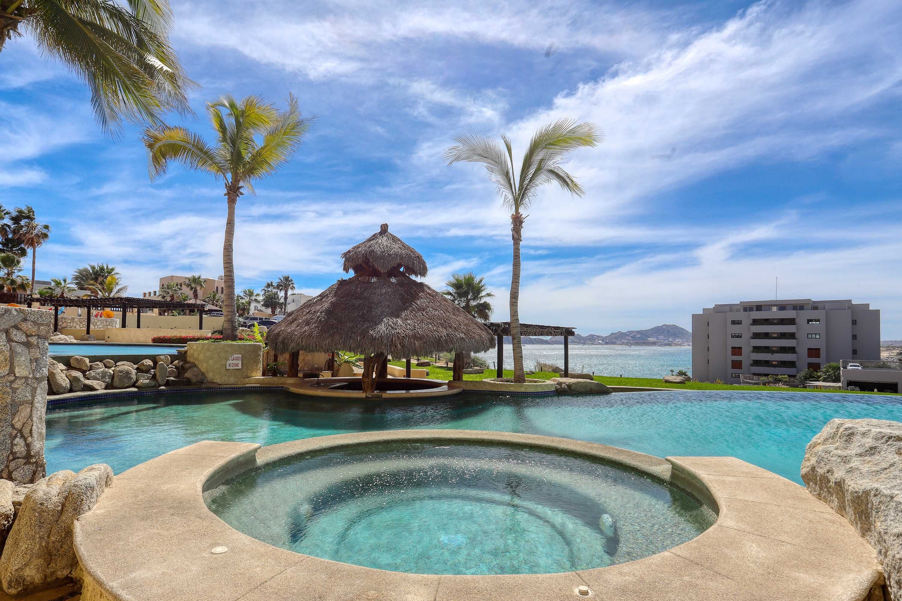 A pool area with a hot tub, palm trees, a thatched-roof structure, and a view of the sea.