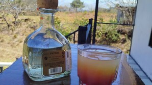 A bottle of tequila and a glass with a gradient drink on a wooden surface. - Serene Cabin Retreat in Cuajiniquil, Costa Rica (La Cruz)