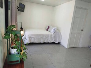 Ένα μικρό, καθαρό δωμάτιο με ένα κρεβάτι, μια πόρτα και ένα φυτό σε γλάστρα.