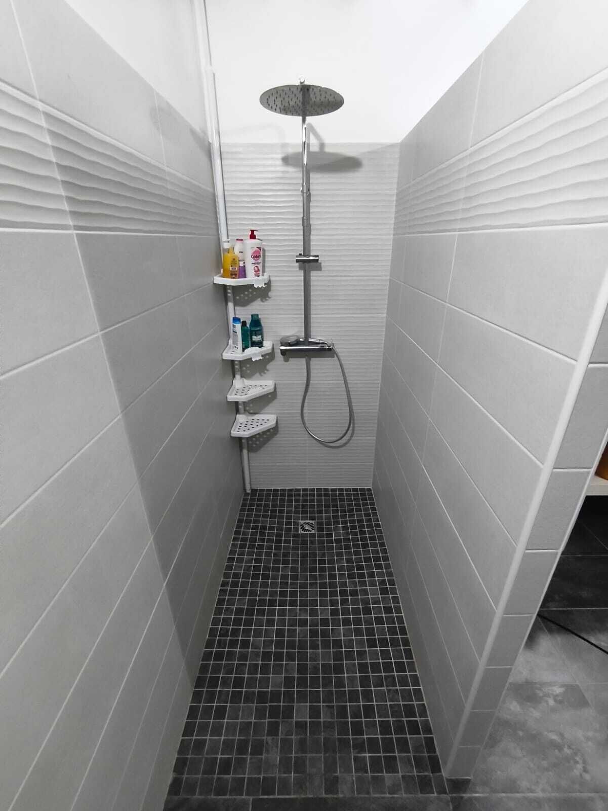 Shower, hair dryer, towels, toilet paper