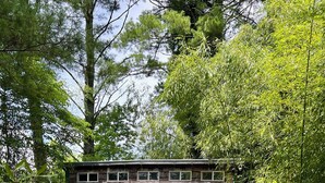A small, green, two-story cabin with a front porch, two blue chairs, and a barbecue grill. - Bamboo bungalow at Camp David. Pond-front, pet friendly tiny home retreat (Saluda)