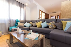 TV connectée, cheminée, livres