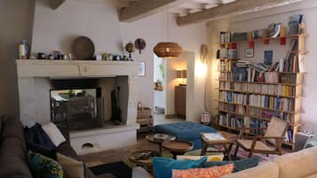 TV connectée, cheminée, livres, écrans d'ordinateur