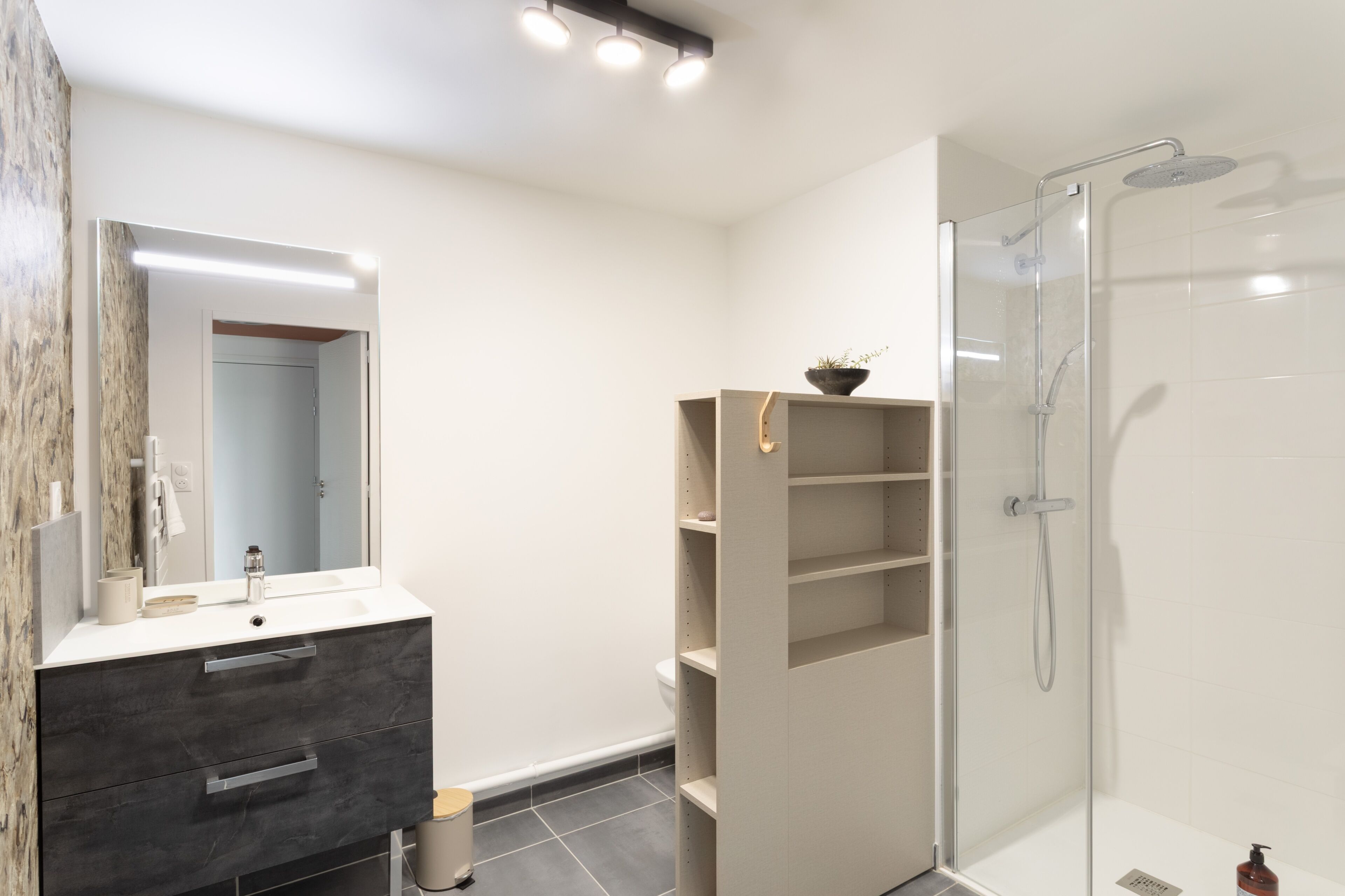 A modern bathroom with a glass shower enclosure, a vanity with a mirror, and a built-in shelf unit.