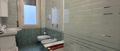 Hair dryer, towels, soap, toilet paper