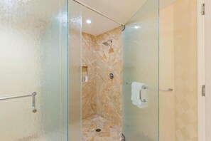 Hair dryer, towels, soap, shampoo