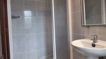 A bathroom with a shower enclosure, a sink, and a mirror.