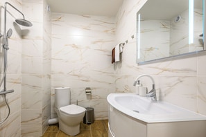Hair dryer, towels, soap, toilet paper