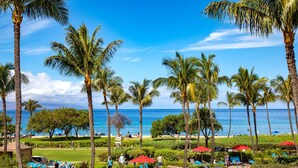 Een resort met palmbomen, een zwembad en uitzicht op de oceaan.