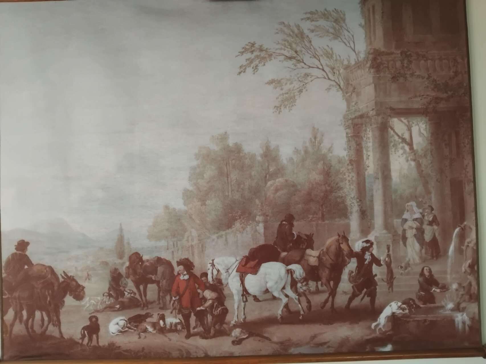 Pintura clássica com figuras trajadas a rigor da época, um cavalo e uma fonte.