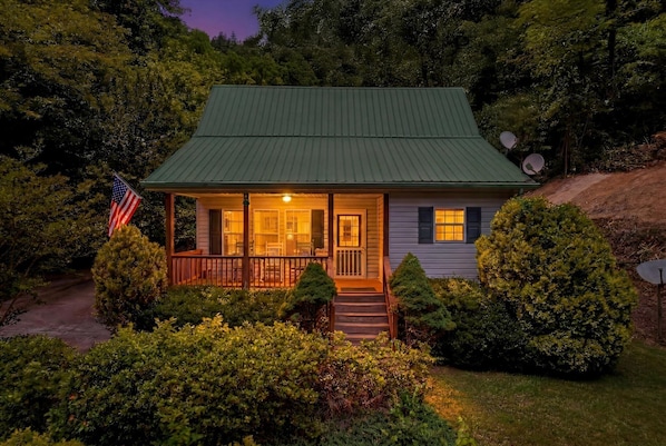 A house with a green roof, a porch with steps, and an American flag.