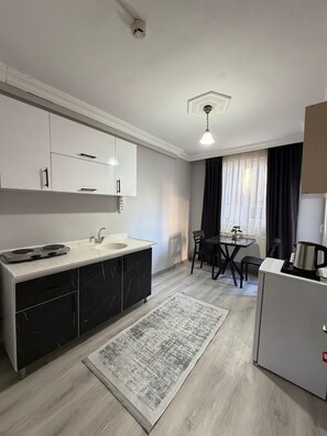 Frigobar, placa de cocina, utensilios de cocina