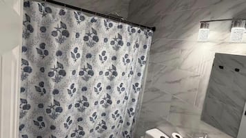 Hair dryer, towels, soap, toilet paper