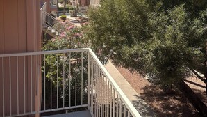 Un balcon avec vue sur des palmiers et un bâtiment en arrière-plan.