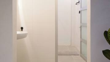 Shower, hair dryer, towels, toilet paper