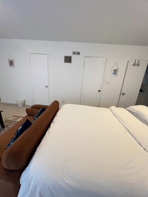 Une chambre avec un grand lit, un canapé marron et deux portes.