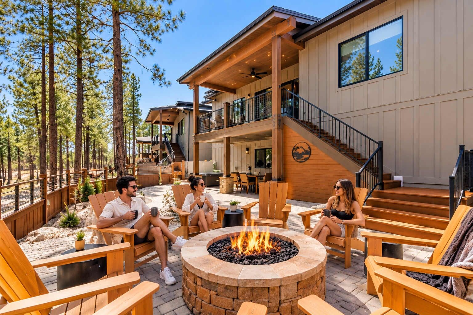 An outdoor seating area with a fire pit, wooden chairs, and a staircase leading to an upper level.