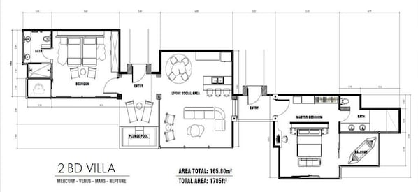 A 2-bedroom villa layout with a living social area, master bedroom, and a balcony. - Origins Astral (Bijagua)