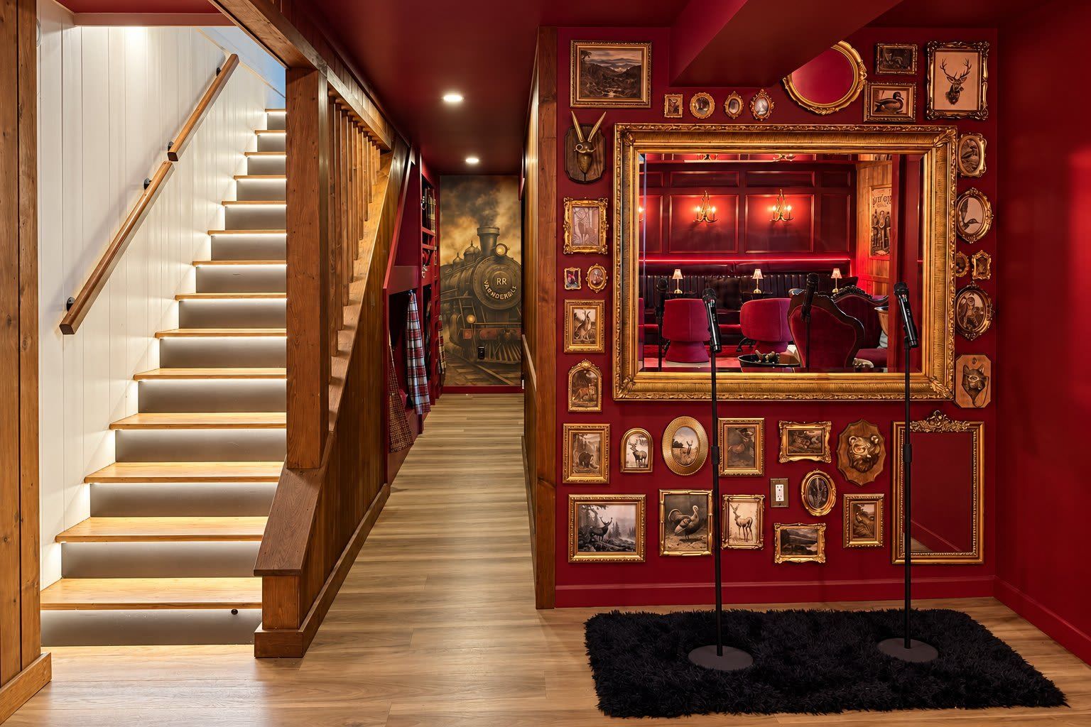 A staircase leading to a room with a red wall adorned with framed pictures and a fireplace.
