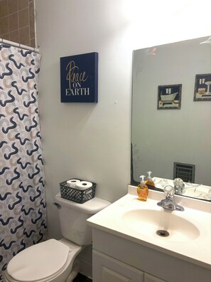 Secadora de cabello, toallas, jabón, papel de baño 