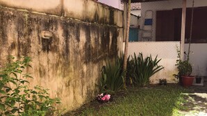 A concrete wall with a metal gate, a small tree, and potted plants. - House 150 meters from the beach. (Paraty)