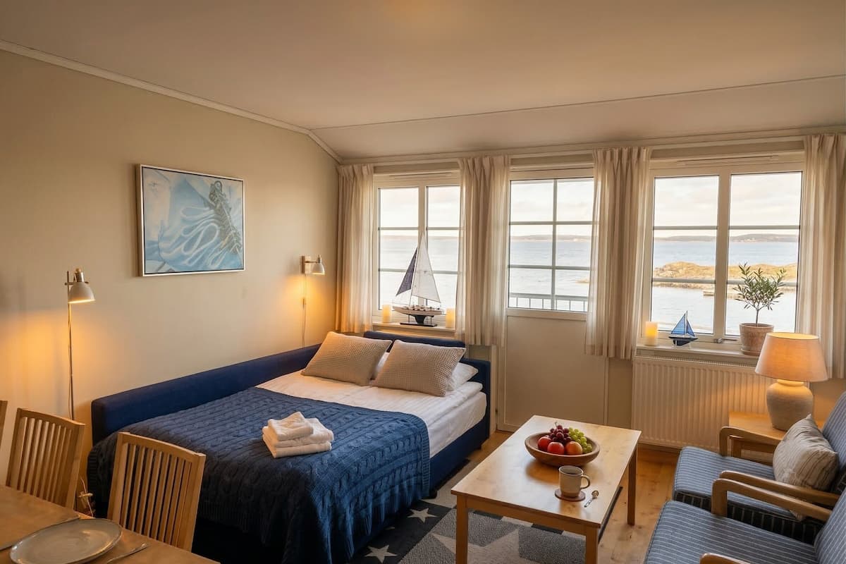 Une chambre d’hôtel avec un lit, une table avec des fruits, une chaise, une lampe et une vue sur la mer.