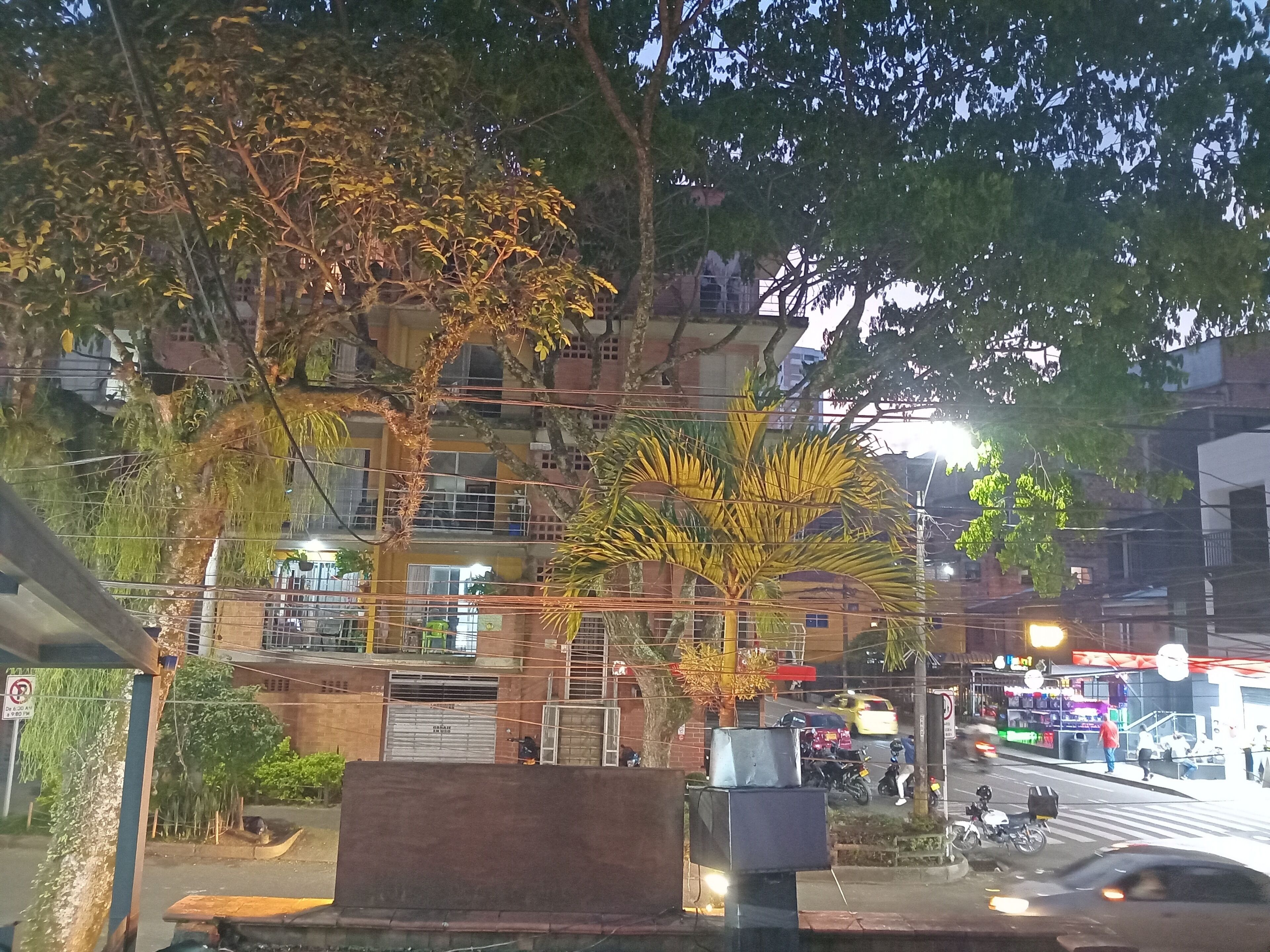 A multi-story building with balconies, a palm tree, and a street with vehicles and pedestrians.