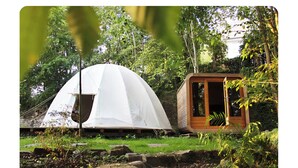 Eine Kuppelzelt und eine Holzhütte in einem bewaldeten Gebiet.