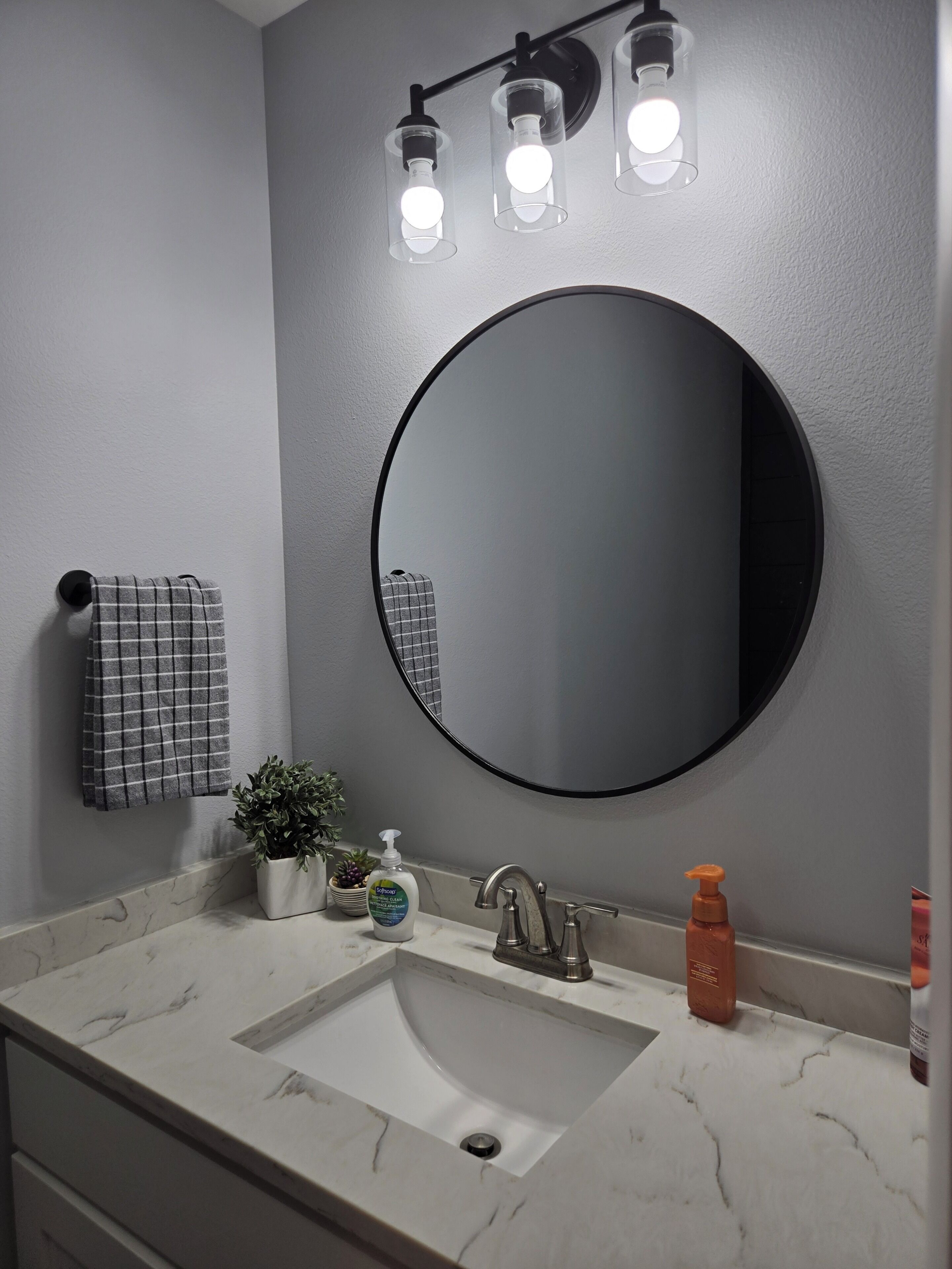 A bathroom with a round mirror, a sink, a towel rack, a potted plant, and a soap dispenser.