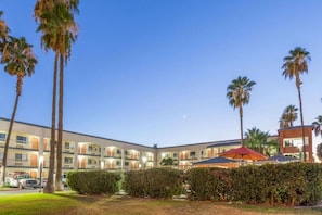 Un hotel con varios pisos, estacionamiento y palmeras.