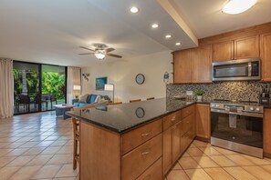 Fridge, microwave, oven, stovetop - Kamaole Sands Condo | Ground Floor, 2 Bath, Pool, Hot Tub, AC, Walk to Beach (Kihei)