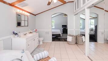 Jetted bath, towels, soap, toilet paper