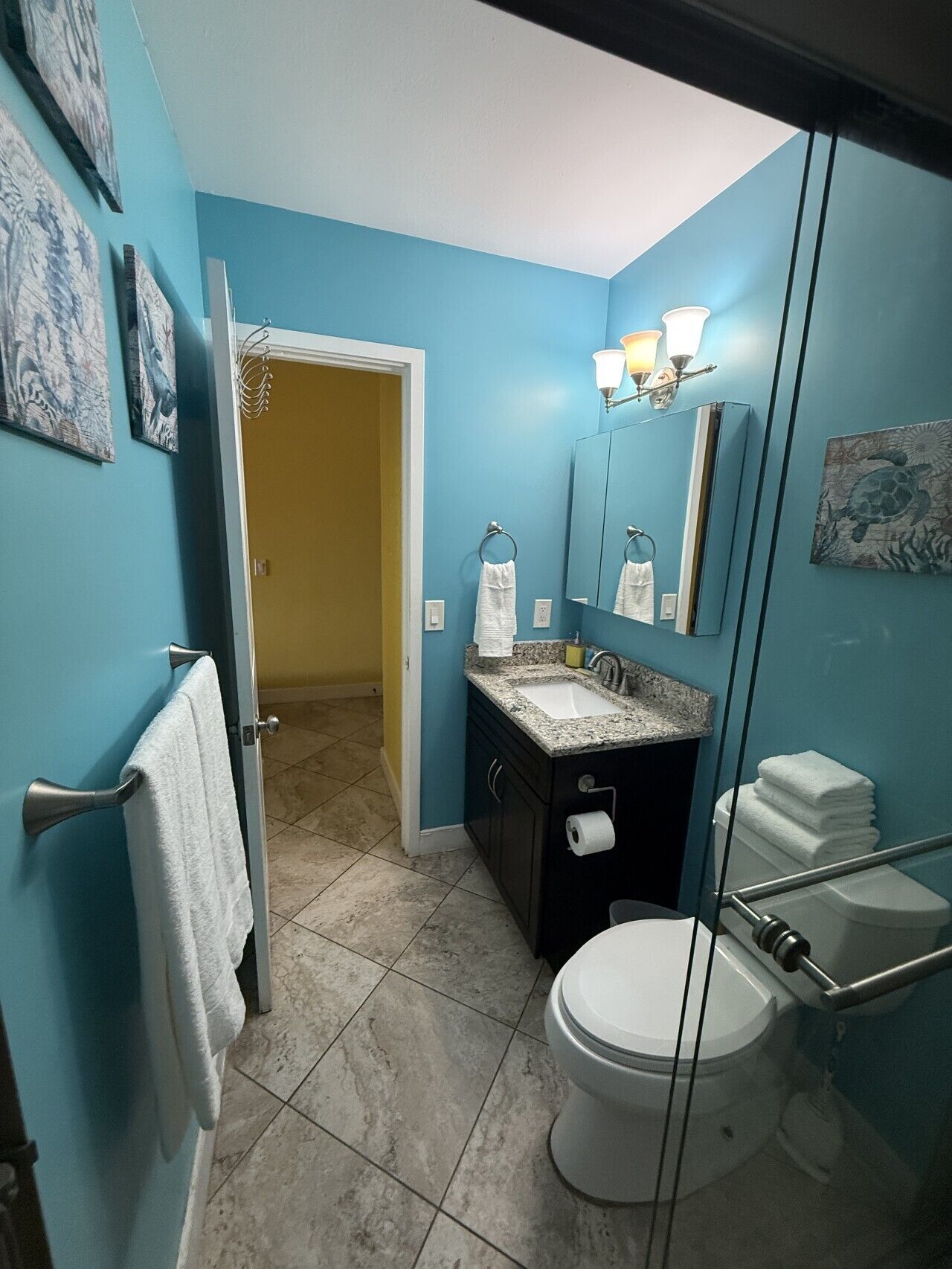 Une salle de bain avec un mur bleu, des toilettes blanches, un lavabo avec un miroir et un porte-serviettes.