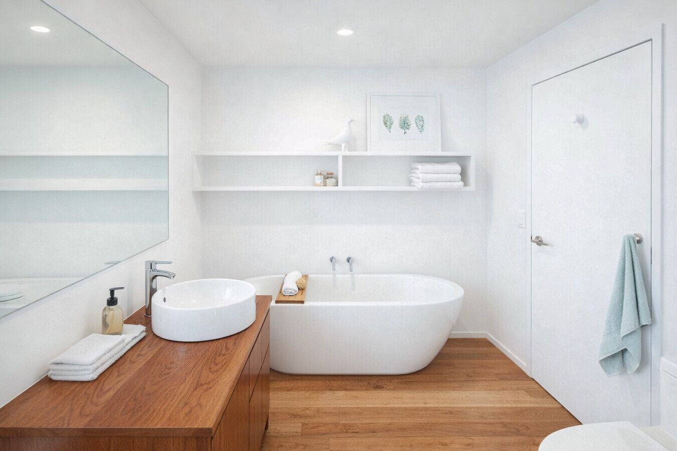 Ein modernes Badezimmer mit einer freistehenden Badewanne, einem runden Waschbecken und einem Holz-Waschtisch.