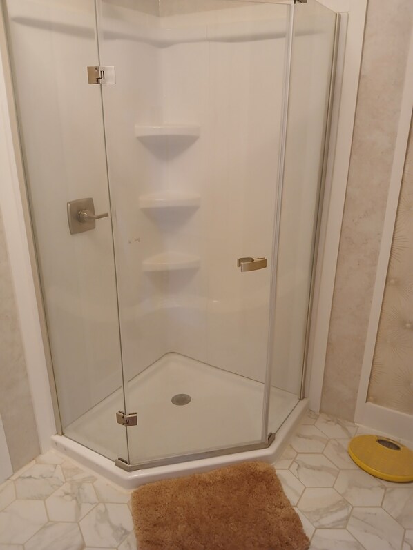 Shower, towels, soap, toilet paper