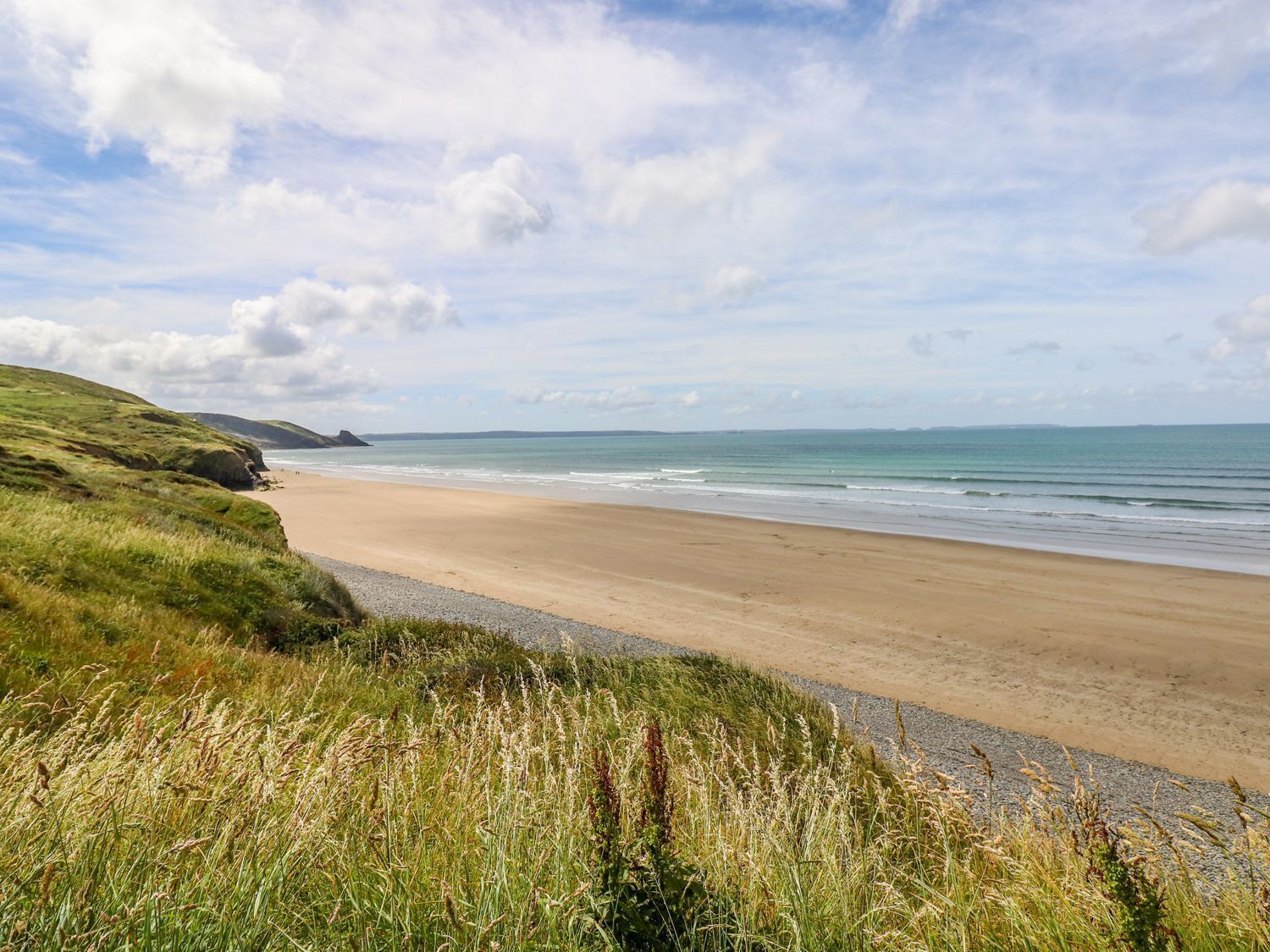 A beach with a clear sky, grassy areas, and a sandy shore.