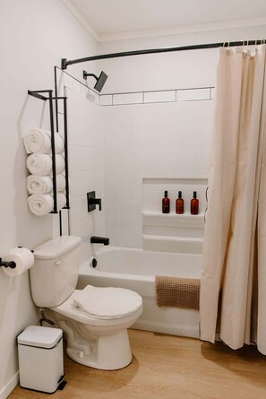 Shower, hair dryer, towels, shampoo