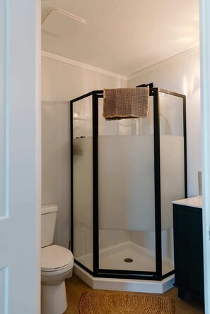 Shower, hair dryer, towels, shampoo